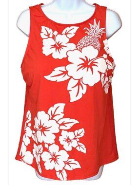 Lands End Tankini Swim Top Floral Orange White Built-In Bra size 14 Quiet Luxury